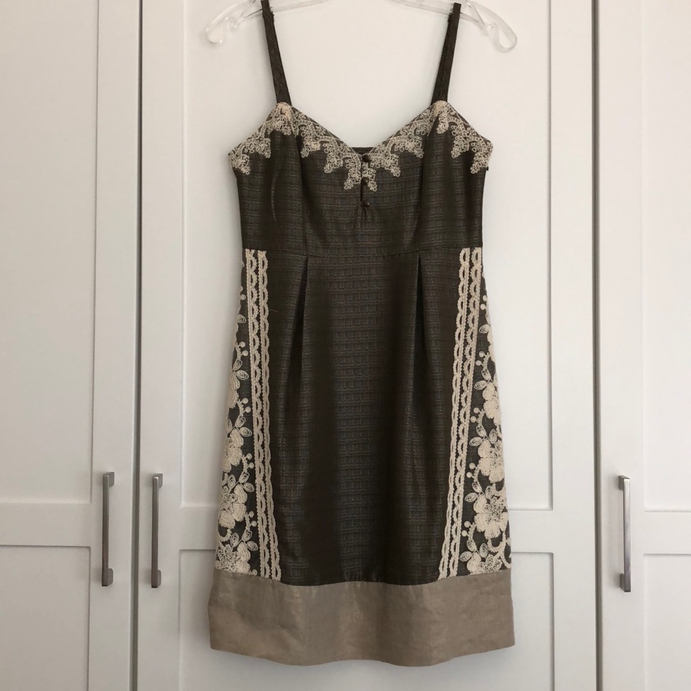Moulinette Soeurs Green and Taupe Linen Dress